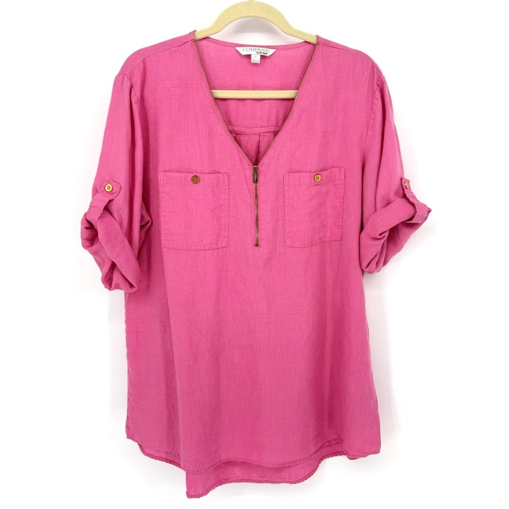 Ellen Tracy Linen Blouse XL Peony Pink Half Zip Roll Tab‎ Sleeve Beach Coastal